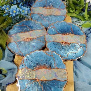 Handmade Resin Coasters Large 4.75 inch Blue Flower